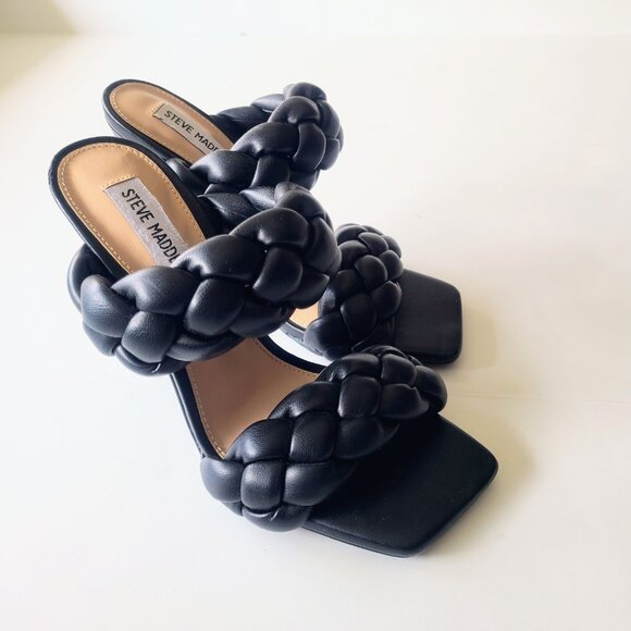 Steve Madden 'Kenley' Chunky Black Braided Leather Sandal Stiletto Heels Size 7 - Picture 5 of 14